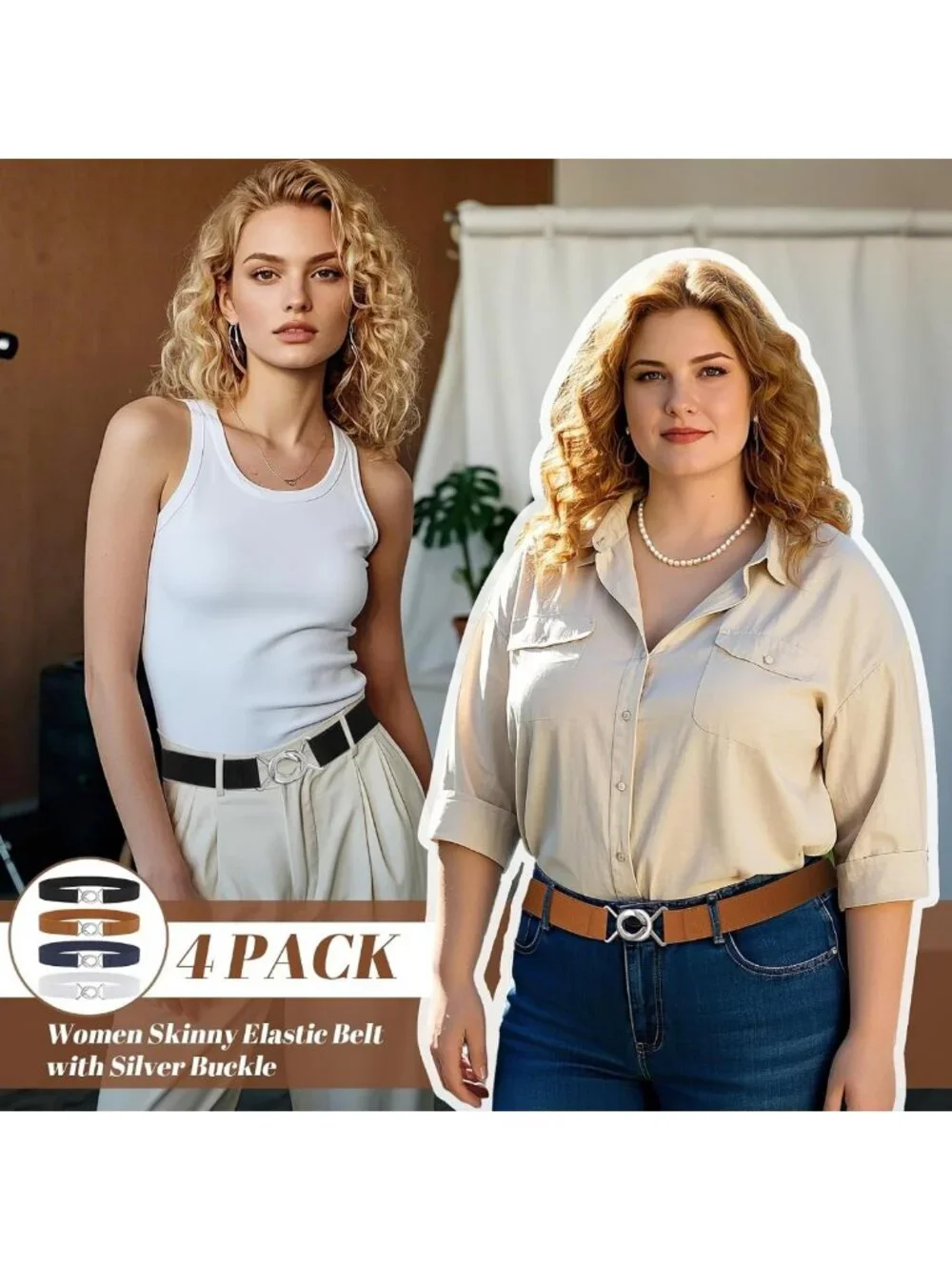 Women’s Skinny Elastic Waist Belt - Stretchy Thin Belt for Dresses & Jeans